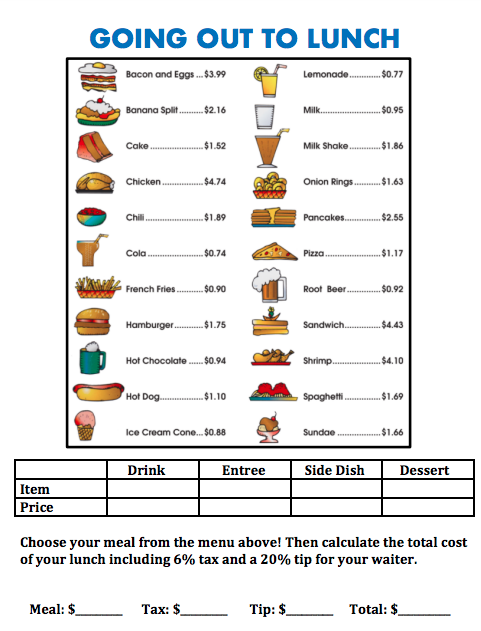 GOING OUT TO LUNCH
Bacon and Eggs. $3.99
Lemonade.
$0.77
Banana Split.
$2.16
Milk.
$0.95
Cake.
$1.52
Milk Shake.
.$1.86
Chicken.
$4.74
Onion Rings.
$1.63
Chili.
$1.89
Pancakes.
.$2.55
Cola
$0.74
Pizza.
$1.17
French Fries.. $0.90
Root Beer.
$0.92
Hamburger.
-$1.75
Sandwich.
$4.43
Hot Chocolate . $.94
Shrimp
$4.10
Hot Dog.
$1.10
Spagheti.
$1.69
Ice Cream Cone. 90.88
Sundae
$1.66
Drink
Entree
Side Dish
Dessert
Item
Price
Choose your meal from the menu above! Then calculate the total cost
of your lunch including 6% tax and a 20% tip for your waiter.
Meal: $
Тах: $
Tip: $_
Total: $
