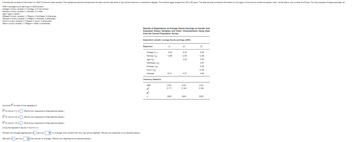 The data set consists of information on 3200 full-time full-year workers. The highest educational achievement for each worker was either a high school diploma or a bachelor's degree. The worker's ages ranged from 25 to 45 years. The data set also contained information on the region of the country where the person lived, marital status, and number of children. For the purposes of these exercises, let
AHE = average hourly earnings (in 2005 dollars)
College = binary variable (1 if college, O if high school)
Female = binary variable (1 if female, 0 if male)
Age = age (in years)
Ntheast = binary variable (1 if Region = Northeast, 0 otherwise)
Midwest = binary variable (1 if Region Midwest, 0 otherwise)
South = binary variable (1 if Region = South, 0 otherwise)
West = binary variable (1 if Region = West, 0 otherwise)
Results of Regressions of Average Hourly Earnings on Gender and
Education Binary Variables and Other Characteristics Using Data
from the Current Population Survey
Dependent variable: average hourly earnings (AHE).
Regressor
(1)
(2)
(3)
5.30
5.32
-2.54
5.28
-2.54
-2.56
0.28
College (X₁)
Female (X₂)
Age (X3)
Northeast (X₂)
Midwest (X₂)
South (XB)
0.28
0.67
0.58
-0.26
3.64
Intercept
12.31
4.27
Summary Statistics
SER
6.08
0.171
6.02
0.188
2
R²
Д
3200
3200
Compute R for each of the regressions.
²
for column (1) is. (Round your response to three decimal places.)
R²
for column (2) is. (Round your response to three decimal places.)
²
for column (3) is. (Round your response to three decimal places.)
Using the regression results in column (1):
Workers with college degrees earn $ per hour ▼ on average, than workers with only high school degrees. (Round your response to two decimal places.)
Men earn $ per hour
than women on average. (Round your response to two decimal places.)
6.03
0.184
3200