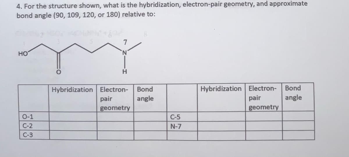 4. For the structure shown, what is the hybridization, electron-pair geometry, and approximate
bond angle (90, 109, 120, or 180) relative to:
HO
0-1
C-2
C-3
'N
H
Hybridization Electron-
pair
geometry
Bond
angle
C-5
N-7
Hybridization Electron-
pair
geometry
Bond
angle