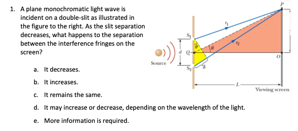 1. A plane monochromatic
light wave is
incident on a double-slit as illustrated in
the figure to the right. As the slit separation
decreases, what happens to the separation
between the interference fringes on the
screen?
Source
a. It decreases.
b. It increases.
c. It remains the same.
d. It may increase or decrease, depending on the wavelength of the light.
e. More information is required.
Viewing screen