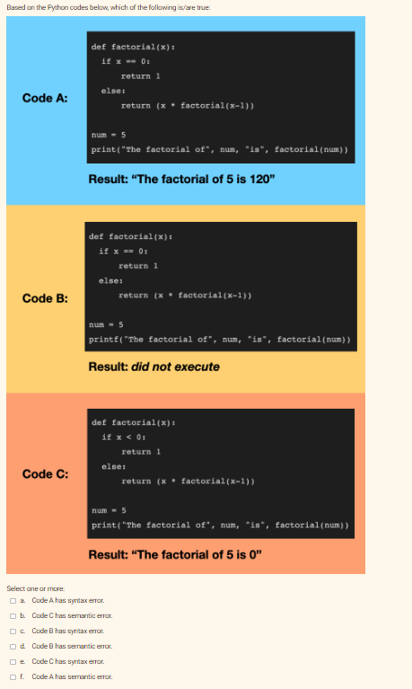 Based on the Python codes below, which of the following is/are true:
Code A:
Code B:
Code C:
Select one or more:
def factorial(x):
if x == 0:
return 1
else:
num - 5
print("The factorial of", num, "is", factorial (num))
return (x factorial(x-1))
Result: "The factorial of 5 is 120"
def factorial (x):
if x == 0:
else:
return 1
num - 5
printf("The factorial of", num, "is", factorial(num))
return (x factorial (x-1))
Result: did not execute
def factorial(x):
if x < 0:
a Code A has syntax error.
b. Code Chas semantic error.
Oc Code B has syntax error.
d. Code B has semantic error.
else:
e Code Chas syntax error.
Of Code A has semantic error.
return 1
num= 5
print("The factorial of", num, "is", factorial (num))
return (x factorial (x-1))
Result: "The factorial of 5 is 0"