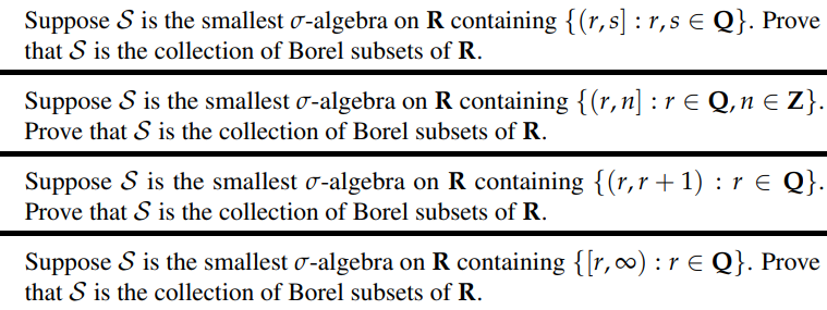 Suppose S is the smallest o-algebra on R containing {(r,s] : r, s € Q}. Prove
that S is the collection of Borel subsets of R.
Suppose S is the smallest -algebra on R containing {(r,n] : r € Q‚n € Z}.
Prove that S is the collection of Borel subsets of R.
Suppose S is the smallest o-algebra on R containing {(r,r + 1) : r € Q}.
Prove that S is the collection of Borel subsets of R.
Suppose S is the smallest σ-algebra on R containing {[r, ∞) : r € Q}. Prove
that S is the collection of Borel subsets of R.