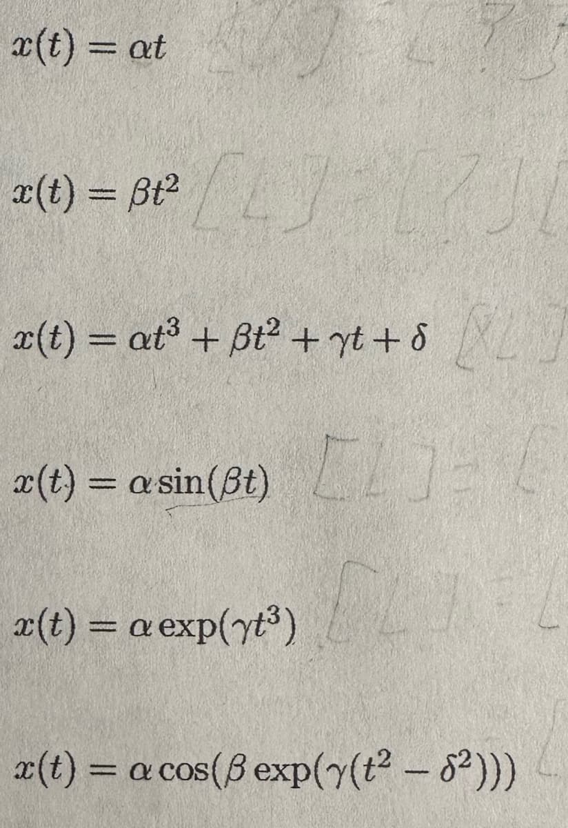 x(t) = at
x(t) = Bt² [L] [7]
+ vt + 8 [L
CLO-C
x(t) = at³ + ßt² + yt + d
x(t) = asin(8t)
x(t) = a exp(yt³)
x(t) = a cos(8 exp(y(t²- 6²)))