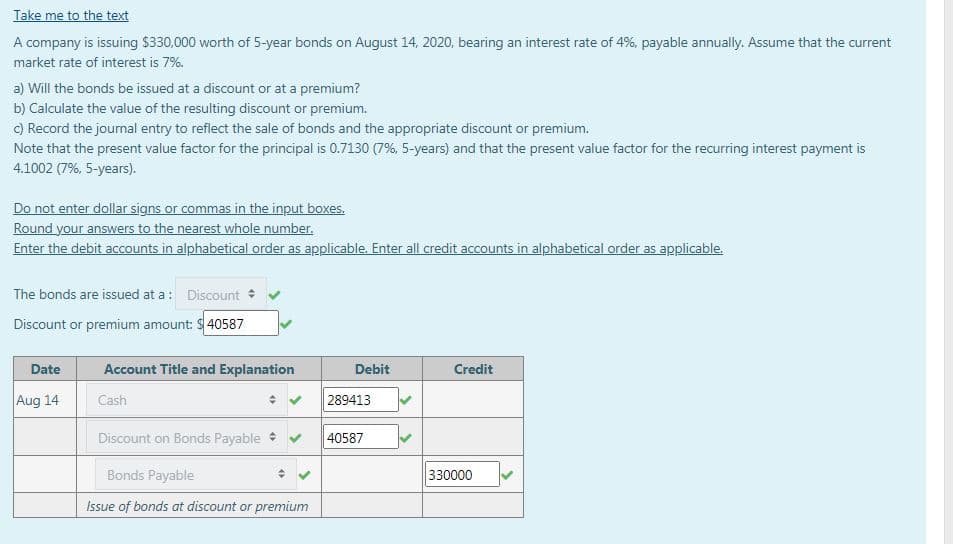 Take me to the text
A company is issuing $330,000 worth of 5-year bonds on August 14, 2020, bearing an interest rate of 4%, payable annually. Assume that the current
market rate of interest is 7%.
a) Will the bonds be issued at a discount or at a premium?
b) Calculate the value of the resulting discount or premium.
c) Record the journal entry to reflect the sale of bonds and the appropriate discount or premium.
Note that the present value factor for the principal is 0.7130 (7%, 5-years) and that the present value factor for the recurring interest payment is
4.1002 (7%, 5-years).
Do not enter dollar signs or commas in the input boxes.
Round your answers to the nearest whole number.
Enter the debit accounts in alphabetical order as applicable. Enter all credit accounts in alphabetical order as applicable.
The bonds are issued at a : Discount
Discount or premium amount: $ 40587
Date
Account Title and Explanation
Debit
Credit
Aug 14
Cash
289413
Discount on Bonds Payable
40587
Bonds Payable
330000
Issue of bonds at discount or premium
