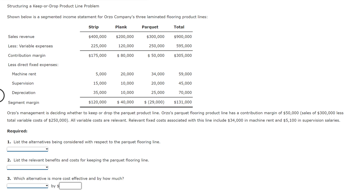 Structuring a Keep-or-Drop Product Line Problem
Shown below is a segmented income statement for Orzo Company's three laminated flooring product lines:
Sales revenue
Less: Variable expenses
Contribution margin
Less direct fixed expenses:
Machine rent
Supervision
Depreciation
Strip
$400,000
225,000
$175,000
5,000
15,000
35,000
Plank
$120,000
$200,000
120,000
$ 80,000
20,000
10,000
10,000
$ 40,000
Parquet
$300,000
250,000
$ 50,000
3. Which alternative is more cost effective and by how much?
by $
34,000
20,000
25,000
Required:
1. List the alternatives being considered with respect to the parquet flooring line.
2. List the relevant benefits and costs for keeping the parquet flooring line.
Total
Segment margin
$ (29,000)
Orzo's management is deciding whether to keep or drop the parquet product line. Orzo's parquet flooring product line has a contribution margin of $50,000 (sales of $300,000 less
total variable costs of $250,000). All variable costs are relevant. Relevant fixed costs associated with this line include $34,000 in machine rent and $5,100 in supervision salaries.
$900,000
595,000
$305,000
59,000
45,000
70,000
$131,000