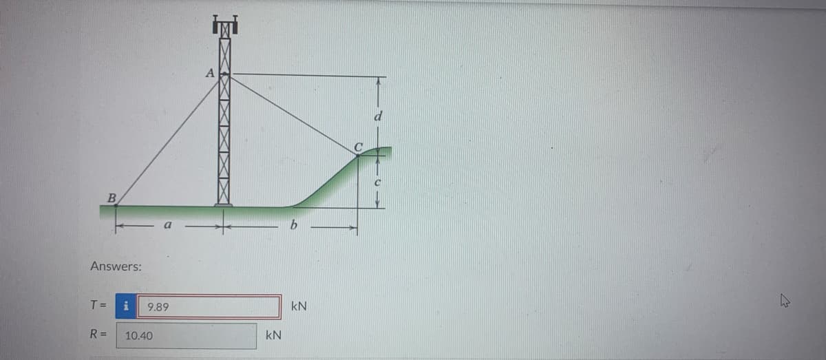 B
Answers:
T =
R=
i
9.89
10.40
KN
b
KN