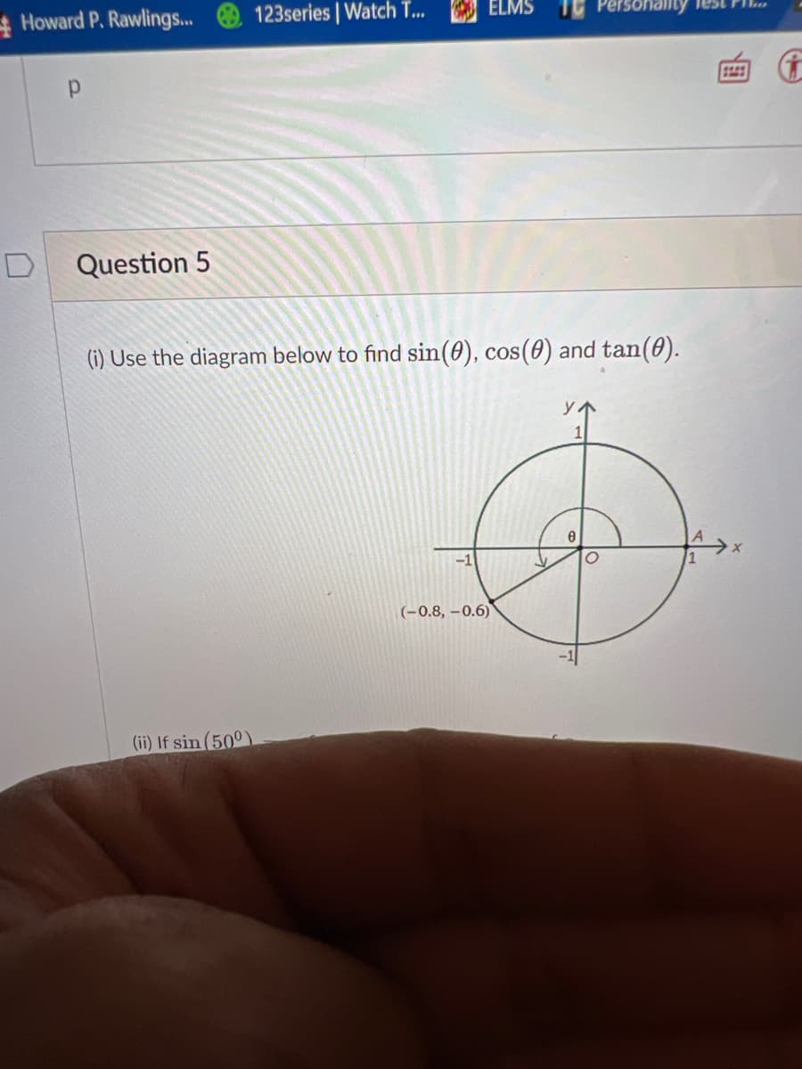 Howard P. Rawlings...
р
Question 5
123series | Watch T...
(ii) If sin (500)
ELMS
(i) Use the diagram below to find sin(0), cos(0) and tan(0).
(-0.8,-0.6)
e
onality Test
O
Ta
F