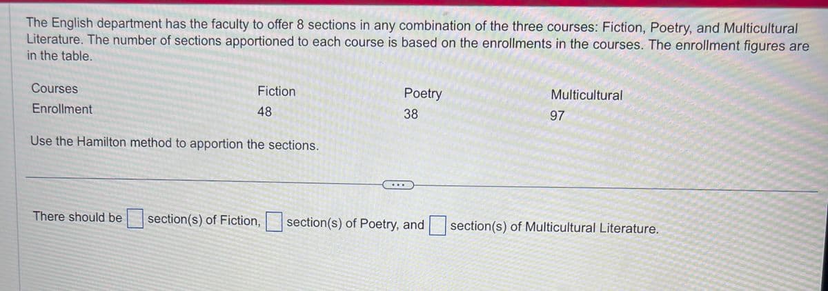 **Course Enrollment Apportionment Using the Hamilton Method**

The English Department has the capability to offer 8 sections in any combination of the three courses: Fiction, Poetry, and Multicultural Literature. The number of sections apportioned to each course is based on the enrollments in the courses. The enrollment figures are provided in the table below:

| Courses      | Enrollment |
|--------------|------------|
| Fiction      | 48         |
| Poetry       | 38         |
| Multicultural| 97         |

The Hamilton method is used to apportion the sections.

| Course       | Sections   |
|--------------|------------|
| Fiction      | [   ]      |
| Poetry       | [   ]      |
| Multicultural| [   ]      |

Please calculate the allocation of sections using the Hamilton method and fill in the blanks.

**Explanation of the Hamilton Method:**

The Hamilton method of apportionment distributes seats (or sections, in this case) based on the standard divisor and standard quota, ensuring fair representation proportional to enrollment. 

1. **Calculate the Standard Divisor**: \( \text{Total Enrollment} / \text{Number of Sections} \)
2. **Calculate the Standard Quota** for each course: \( \text{Enrollment of Course} / \text{Standard Divisor} \)
3. **Assign Each Course Its Lower Quota** (the integer part of its standard quota).
4. **Distribute Remaining Sections**: Give each of the remaining sections to the courses with the largest fractional parts of their standard quotas until all sections are distributed.