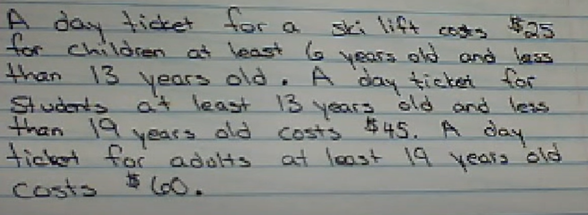 for a
A day tidket
for Children at least G old and lass
年5
years
than 13 years old, A
Students at least 3
old
for
day tictei
old ond les
than 19
years
ticket for adolts
5 60.
costs $45. A day
at lost 19 yeara ols
costs
