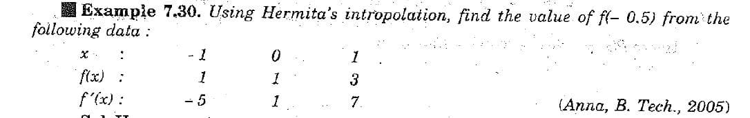 Example 7.30. Using Hermita's intropolation, find the value of fl- 0.5) from the
following data :
f(x) :
f'(x) :
3
- 5
7.
(Anna, B. Tech., 2005)
