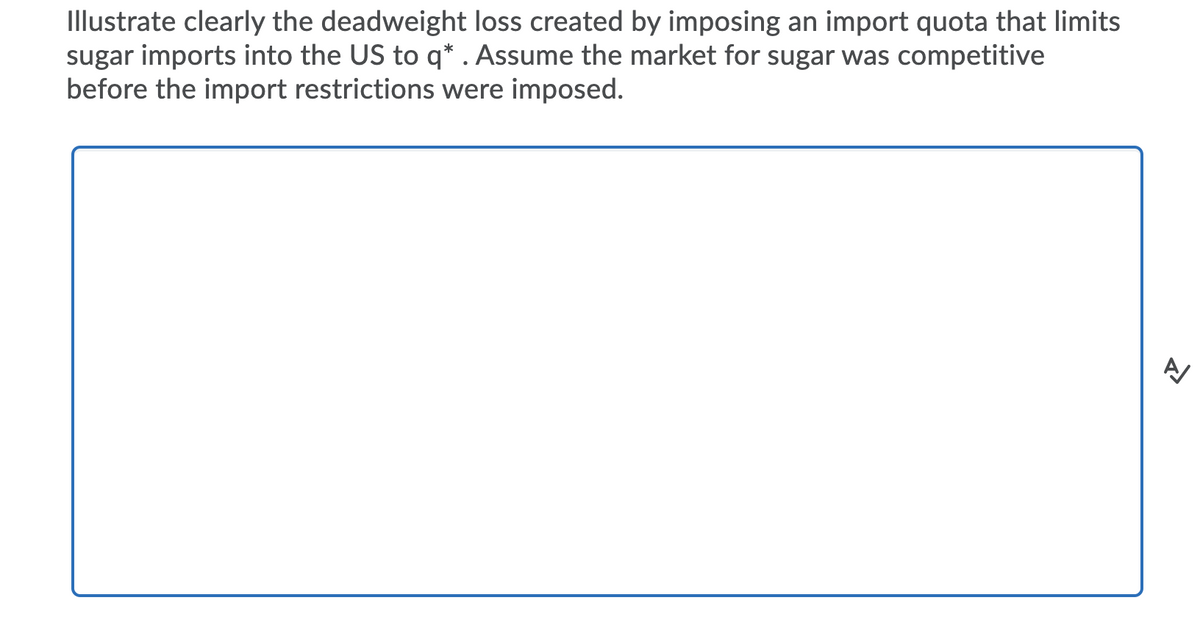 Illustrate clearly the deadweight loss created by imposing an import quota that limits
sugar imports into the US to q* . Assume the market for sugar was competitive
before the import restrictions were imposed.
