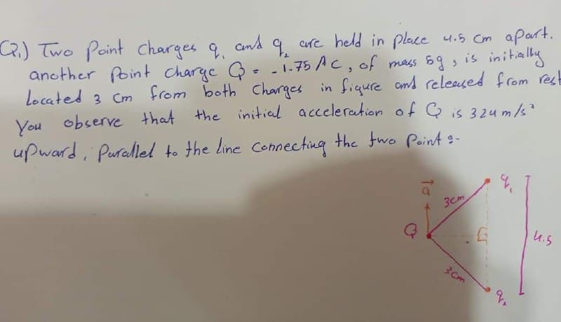 R.) Two Point and q
another Point charye Q= -1.75AC, of mass 6gs is initially
Located 3 Cm from both Charges in fiqure cmd released from rest
curc held in plece u.5 Cm apart.
charges 9.
the initial acceleration of C is 324 m/s
You observe that
upward, Purallel to the Line Connecting the fwo Point :-
3cm
U.s
3Cm
