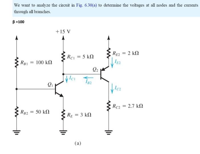 We want to analyze the circuit in Fig. 6.30(a) to determine the voltages at all nodes and the currents
through all branches.
B=100
RB1 = 100 ΚΩ
RB2
Q₁
= 50 ΚΩ
+ 15 V
Rc1 = 5 kn
VICI 1₂
R = 3 kΩ
Q₂
(a)
RE2 = 2 kn
√√162
Ic₂
Rc2 = 2.7 k