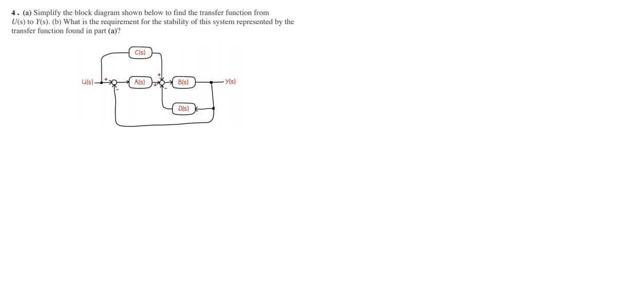 4. (a) Simplify the block diagram shown below to find the transfer function from
U(s) to Y(s). (b) What is the requirement for the stability of this system represented by the
transfer function found in part (a)?
U(s)
C(s)
A(s)
B(s)
D(s)
-Y(s)