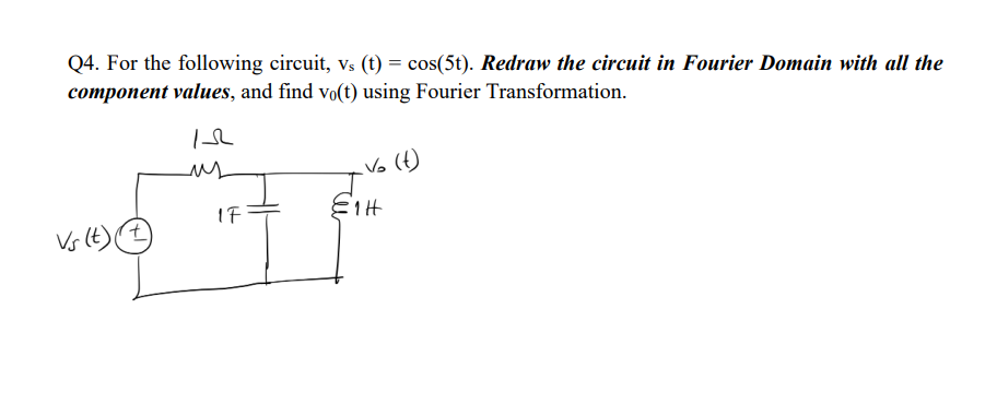 Q4. For the following circuit, vs (t) = cos(5t). Redraw the circuit in Fourier Domain with all the
component values, and find vo(t) using Fourier Transformation.
15
Vs (t) (+)
IF
vo (t)
E1H