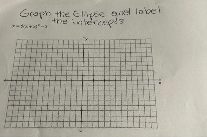 Graph the Ellipse and label
the intercepts
y = 5(x+3)² - 3