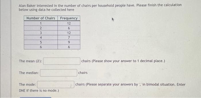 Alan Baker interested in the number of chairs per household people have. Please finish the calculation
below using data he collected here
Number of Chairs
1
2
3
4
5
6
The mean (2):
The median:
The mode:
DNE if there is no mode.)
Frequency
12
6
12
7
9
6
chairs (Please show your answer to 1 decimal place.)
chairs
chairs (Please separate your answers by, in bimodal situation. Enter