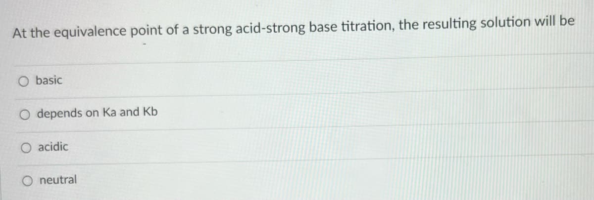 **Question:**

At the equivalence point of a strong acid-strong base titration, the resulting solution will be

**Options:**
- basic
- depends on Ka and Kb
- acidic
- neutral