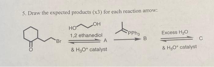 5. Draw the expected products (x3) for each reaction arrow:
OH
Br
HO
1,2 ethanediol
A
& H3O+ catalyst
PPh3
- B
Excess H₂O
& H3O+ catalyst
C