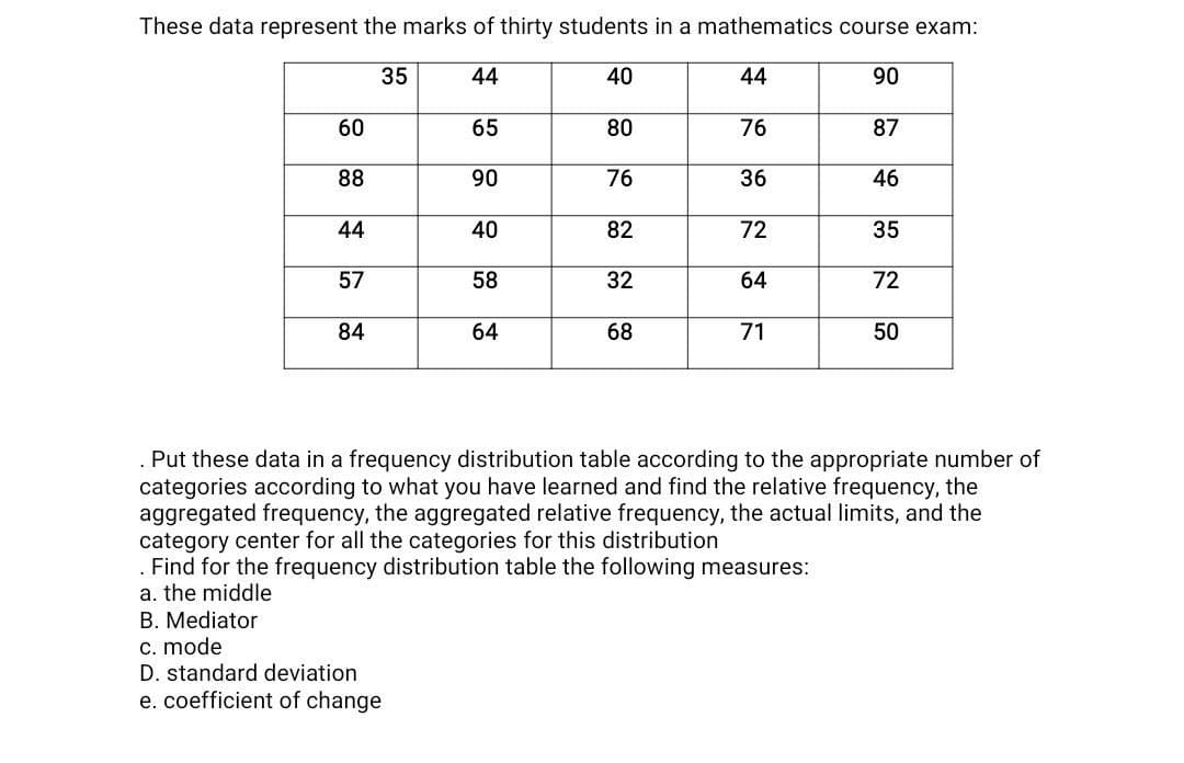 These data represent the marks of thirty students in a mathematics course exam:
35
44
40
44
90
60
88
44
57
84
65
90
40
58
64
80
76
82
32
68
76
36
72
64
71
87
46
35
72
50
. Put these data in a frequency distribution table according to the appropriate number of
categories according to what you have learned and find the relative frequency, the
aggregated frequency, the aggregated relative frequency, the actual limits, and the
category center for all the categories for this distribution
. Find for the frequency distribution table the following measures:
a. the middle
B. Mediator
c. mode
D. standard deviation
e. coefficient of change