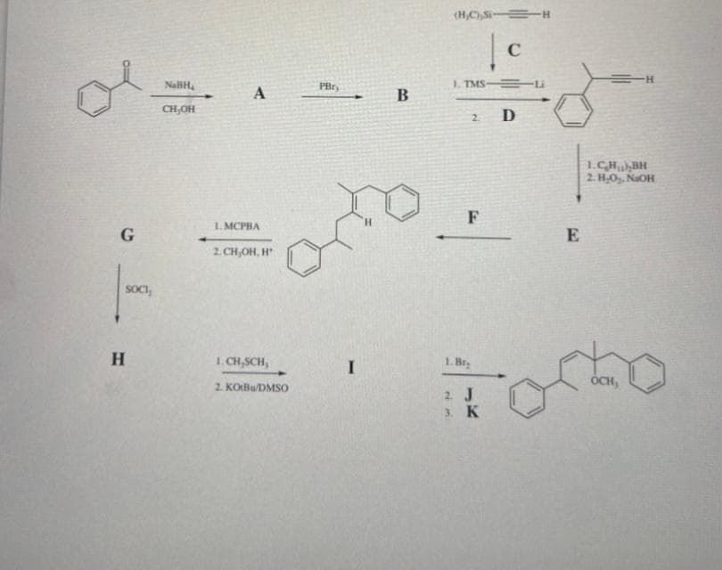 G
SOCI₂
H
NaBH₂
CH,OH
A
1.MCPBA
2.CH,OH, H
1.CH,SCH,
2. KOB/DMSO
PBry
I
B
(H,C), SH
| c
C
1. TMS-Li
2.
F
1. Br₂
2. J
3. K
D
E
1.C.H.BH
2.H₂O₂, NaOH
OCH,