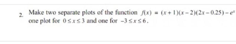 Make two separate plots of the function (x) (x+ 1)(x- 2)(2x-0.25)- e
%3D
2.
one plot for 0 sx<3 and one for -3 Sxs6.
