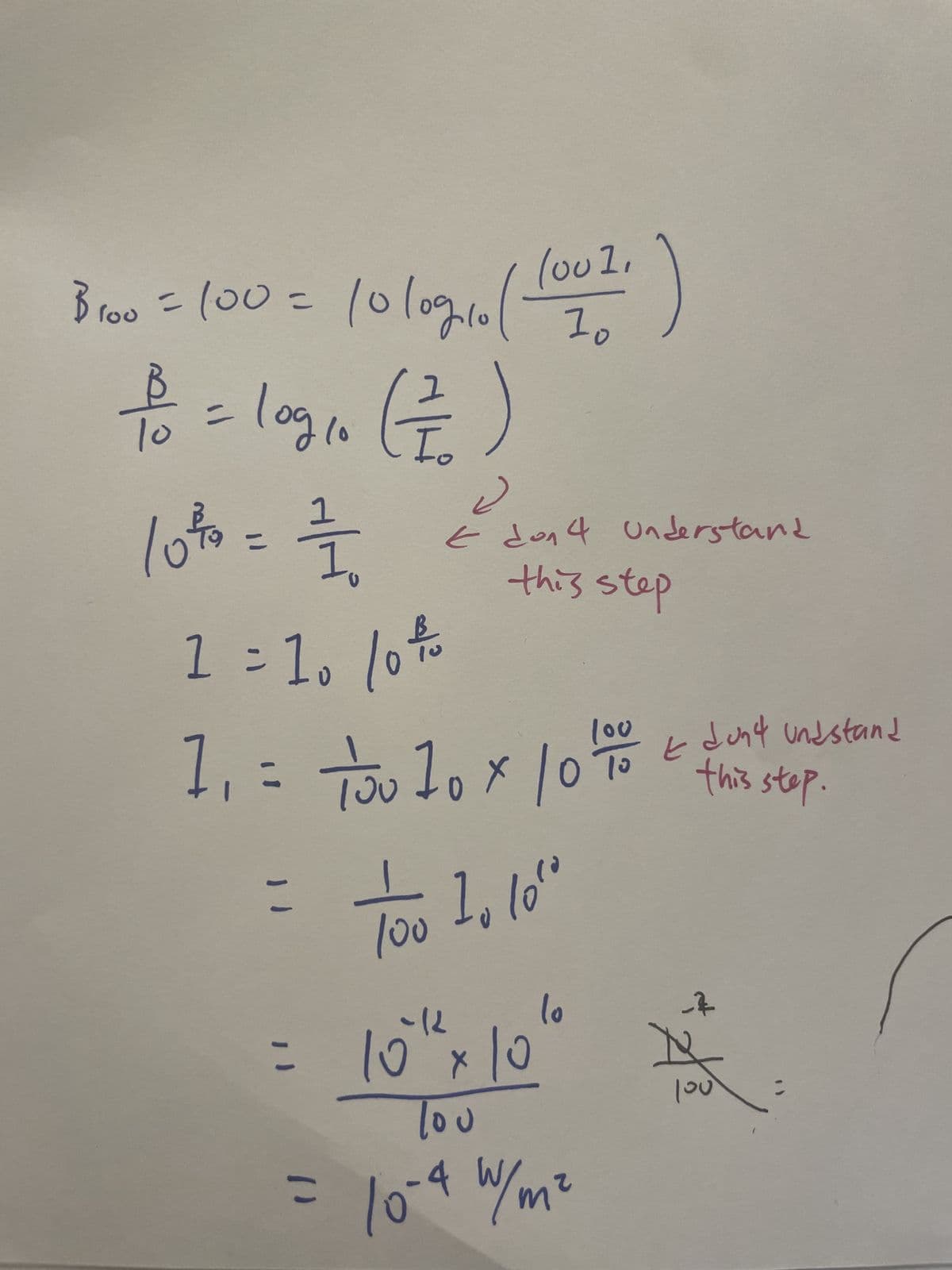 1001,
B100=100=10log10 20
용
10 = log₁0 (7/₂)
10
10% = -
Ⅰ.
잎이
1 = 10 10 to
=
Ĉ
E don 4 Understand
this step
1. : 0 10 x 10%
: 1 100 10100
7기~
lo
10'
-100
= 10-4 W/m²
2
ㅋ
dunt Undstand
this step.
-루
R
100