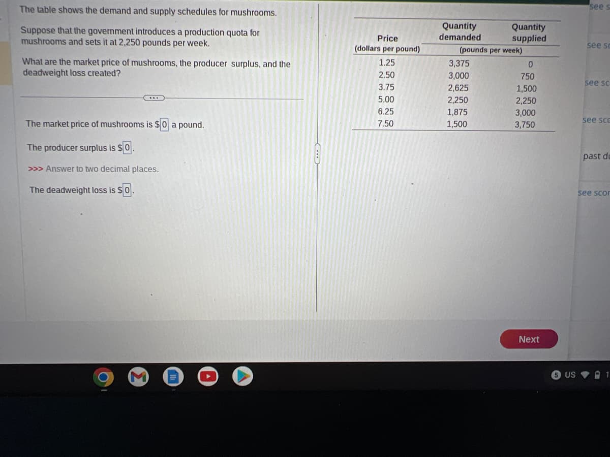The table shows the demand and supply schedules for mushrooms.
Suppose that the government introduces a production quota for
mushrooms and sets it at 2,250 pounds per week.
What are the market price of mushrooms, the producer surplus, and the
deadweight loss created?
The market price of mushrooms is $0 a pound.
The producer surplus is $0.
>>> Answer to two decimal places.
The deadweight loss is $0.
Price
(dollars per pound)
1.25
2.50
3.75
5.00
6.25
7.50
Quantity
demanded
Quantity
supplied
(pounds per week)
3,375
3,000
2,625
2,250
1,875
1,500
0
750
1,500
2,250
3,000
3,750
Next
5 US
see s
see sc
see sc
see scc
past du
see scor
1