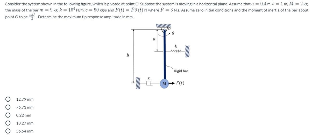 Consider the system shown in the following figure, which is pivoted at point O. Suppose the system is moving in a horizontal plane. Assume that a = 0.4 m, b = 1 m, M = 2 kg,
the mass of the bar m = 9 kg, k = 104 N/m, c= 90 kg/s and F(t) = F8 (t) N where F = 3 N.s. Assume zero initial conditions and the moment of inertia of the bar about
point O to be mo .Determine the maximum tip response amplitude in mm.
T0
a
k
Rigid bar
м — F()
12.79 mm
76.73 mm
8.22 mm
18.27 mm
56.64 mm
O O O O O
