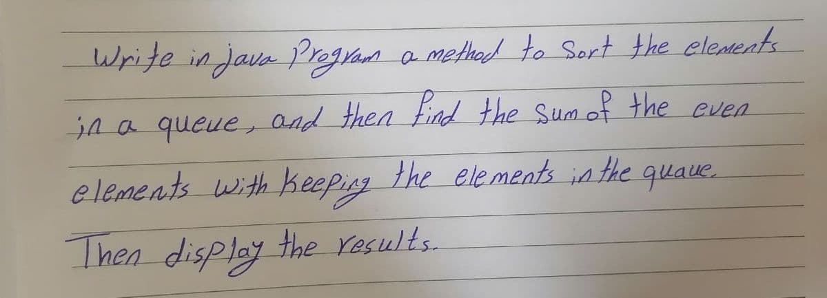 Write in java Pregram a methad to Sort the elements,
ja a queue, and then find the sum of the even
e lements with Keeping the elements in the quaue.
Then display the Yesults.
