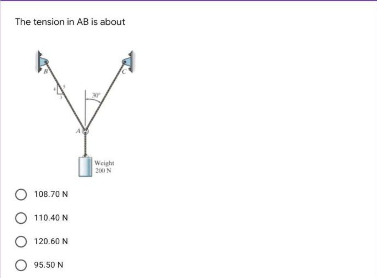 The tension in AB is about
Weight
200 N
108.70 N
110.40 N
120.60 N
95.50 N
