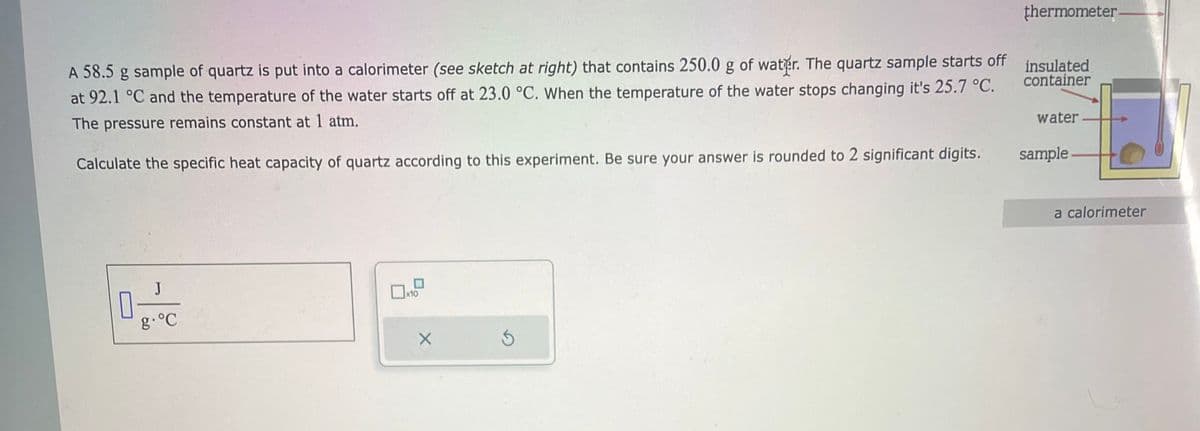 A 58.5 g sample of quartz is put into a calorimeter (see sketch at right) that contains 250.0 g of water. The quartz sample starts off
at 92.1 °C and the temperature of the water starts off at 23.0 °C. When the temperature of the water stops changing it's 25.7 °C.
The pressure remains constant at 1 atm.
Calculate the specific heat capacity of quartz according to this experiment. Be sure your answer is rounded to 2 significant digits.
0
J
g. °C
☐x10
X
Ś
thermometer.
insulated
container
water
sample
a calorimeter