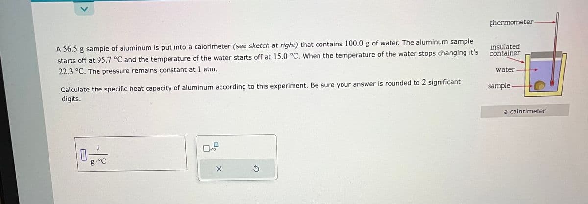 A 56.5 g sample of aluminum is put into a calorimeter (see sketch at right) that contains 100.0 g of water. The aluminum sample
starts off at 95.7 °C and the temperature of the water starts off at 15.0 °C. When the temperature of the water stops changing it's
22.3 °C. The pressure remains constant at 1 atm.
Calculate the specific heat capacity of aluminum according to this experiment. Be sure your answer is rounded to 2 significant
digits.
J
g.°C
0-
x10
X
Ś
thermometer.
insulated
container
water.
sample
a calorimeter