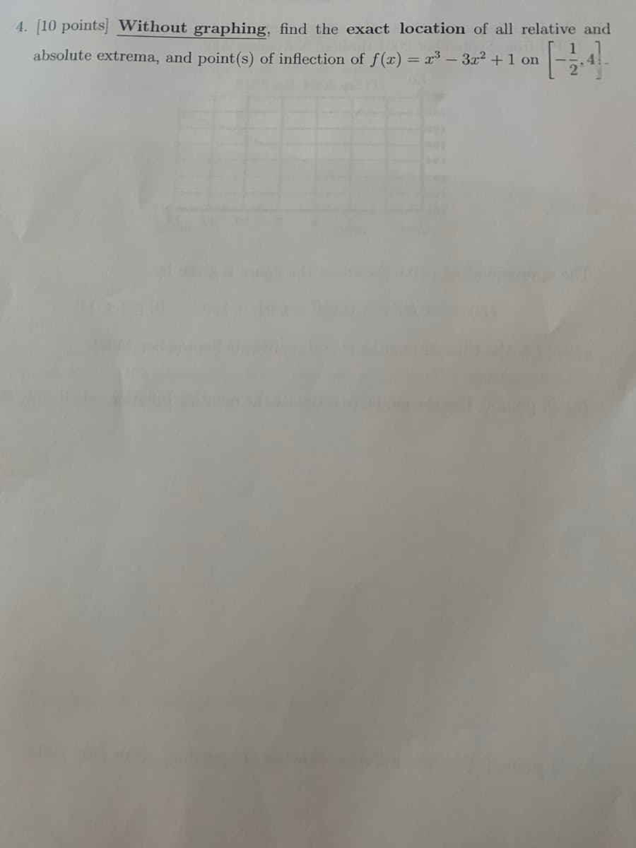 4. [10 points] Without graphing, find the exact location of all relative and
absolute extrema, and point(s) of inflection of f(x) = x³ – 3x2 +1 on
