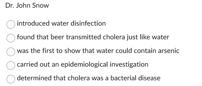 Dr. John Snow
introduced water disinfection
found that beer transmitted cholera just like water
was the first to show that water could contain arsenic
carried out an epidemiological investigation
determined that cholera was a bacterial disease