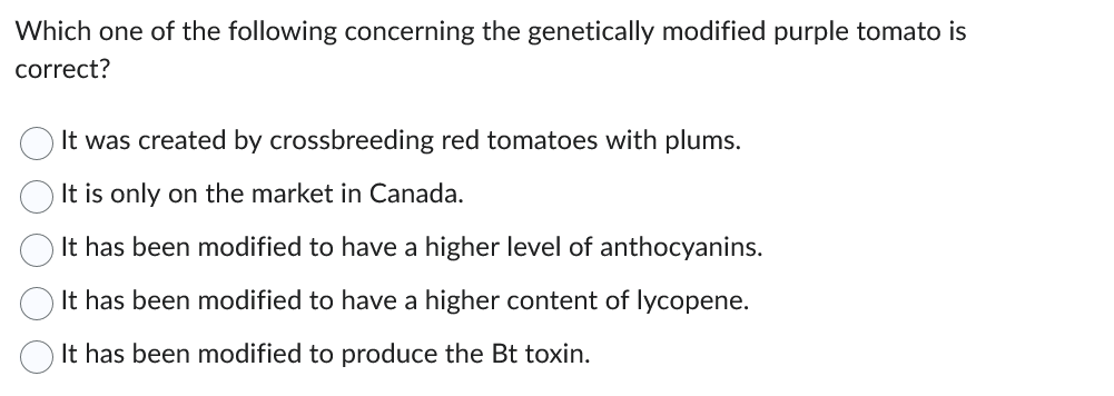 Which one of the following concerning the genetically modified purple tomato is
correct?
It was created by crossbreeding red tomatoes with plums.
It is only on the market in Canada.
It has been modified to have a higher level of anthocyanins.
It has been modified to have a higher content of lycopene.
It has been modified to produce the Bt toxin.