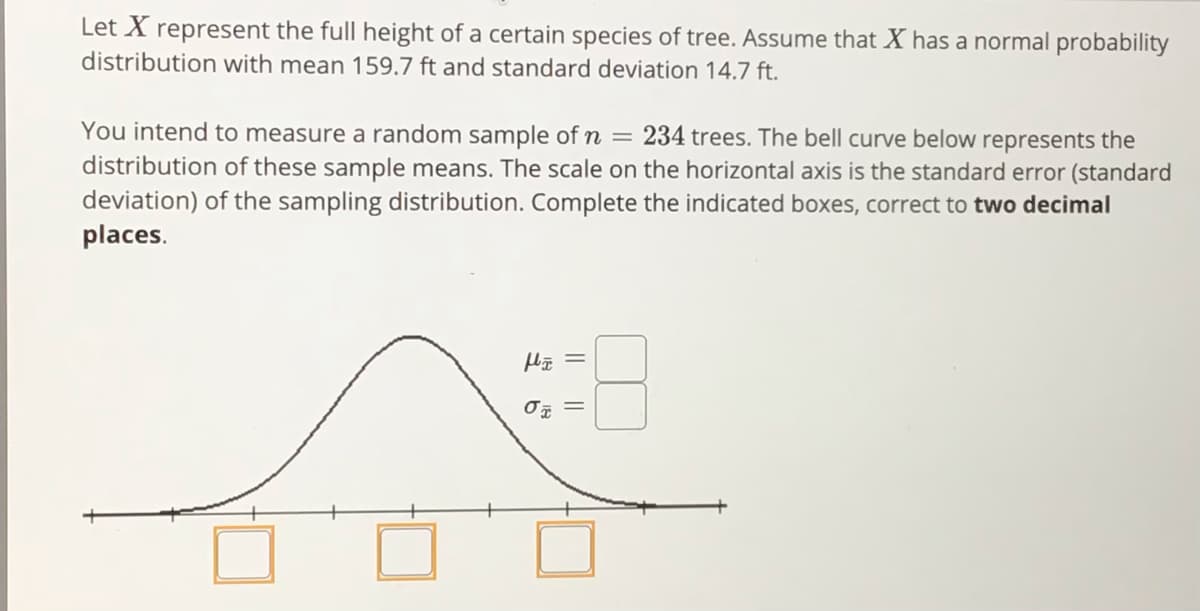 Let X represent the full height of a certain species of tree. Assume that X has a normal probability
distribution with mean 159.7 ft and standard deviation 14.7 ft.
You intend to measure a random sample of n = 234 trees. The bell curve below represents the
distribution of these sample means. The scale on the horizontal axis is the standard error (standard
deviation) of the sampling distribution. Complete the indicated boxes, correct to two decimal
places.
