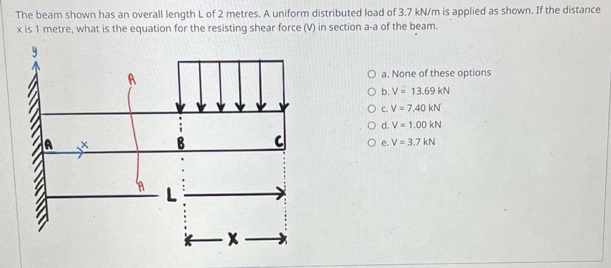 The beam shown has an overall length L of 2 metres. A uniform distributed load of 3.7 kN/m is applied as shown. If the distance
x is 1 metre, what is the equation for the resisting shear force (V) in section a-a of the beam.
A
O a. None of these options
O b. V
13.69 KN
O
c. V =
7.40 kN
O d. V 1.00 kN
C
O e. V = 3.7 kN
-X->
L