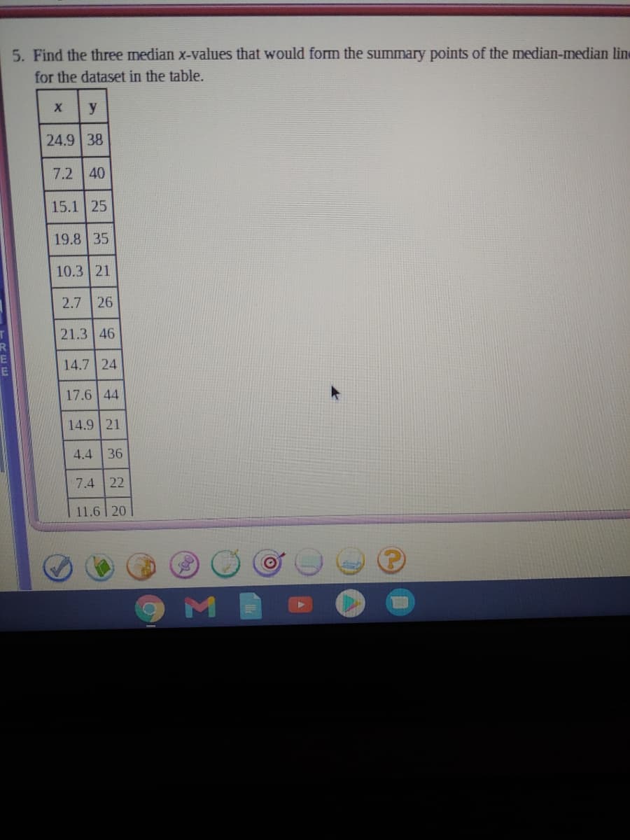 5. Find the three median x-values that would form the summary points of the median-median line
for the dataset in the table.
y
24.9 38
7.2 40
15.1 25
19.8 35
10.3 21
2.7 26
21.3 46
14.7 24
17.6 44
14.9 21
4.4
36
7.4 22
11.6 20
