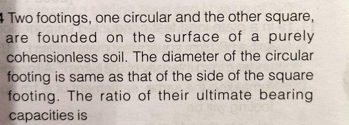 4 Two footings, one circular and the other square,
are founded on the surface of a purely
cohensionless soil. The diameter of the circular
footing is same as that of the side of the square
footing. The ratio of their ultimate bearing
capacities is
