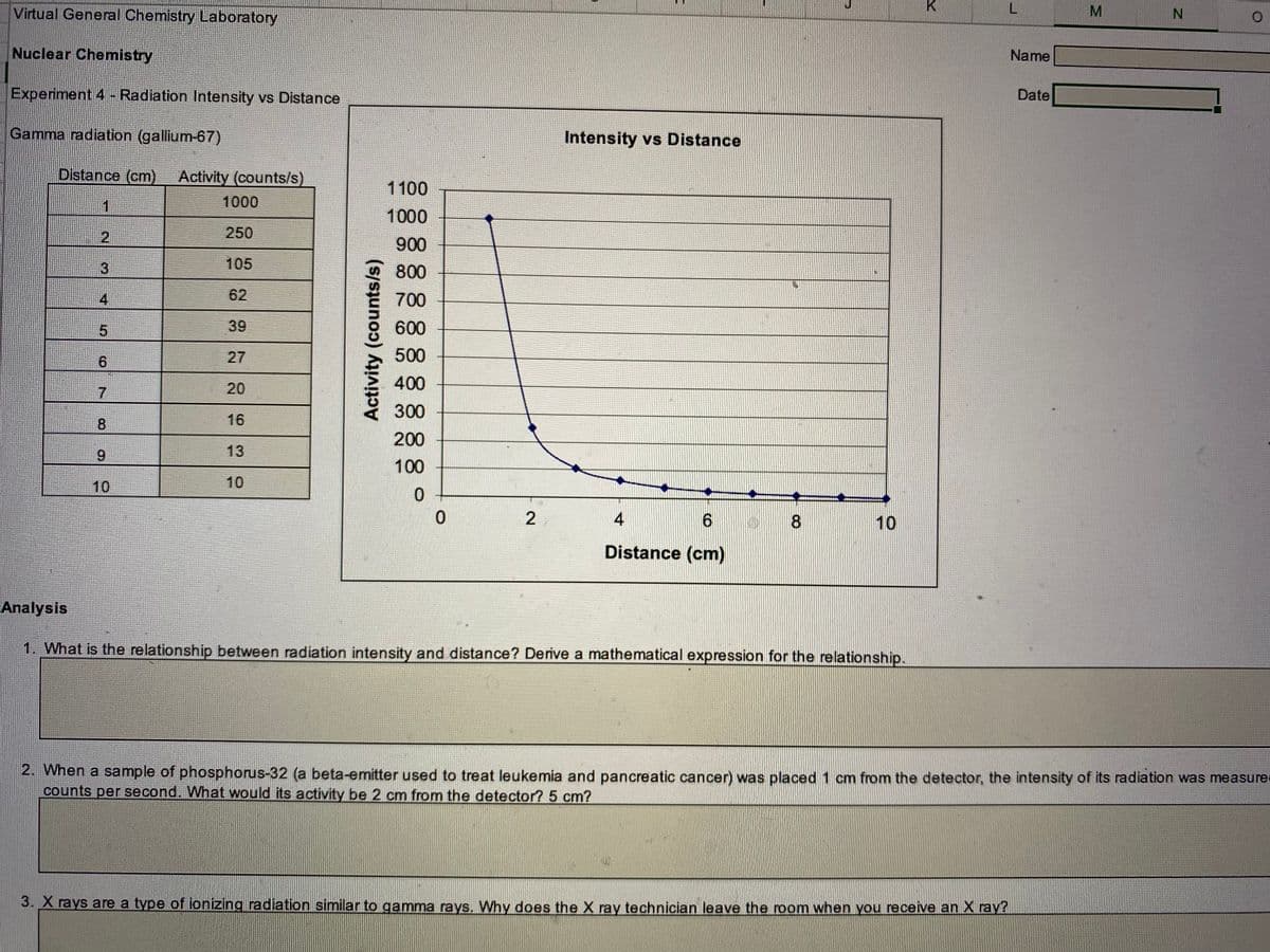 K.
Virtual General Chemistry Laboratory
M
N.
Nuclear Chemistry
Name
Experiment 4 - Radiation Intensity vs Distance
Date
Gamma radiation (gallium-67)
Intensity vs Distance
Distance (cm)
Activity (counts/s)
1100
1000
1000
21
250
900
105
800
4.
62
700
5.
39
600
27
500
20
400
300
8.
16
200
9.
13
100
10
10
4
8
10
Distance (cm)
Analysis
1. What is the relationship between radiation intensity and distance? Derive a mathematical expression for the relationship.
2. When a sample of phosphorus-32 (a beta-emitter used to treat leukemia and pancreatic cancer) was placed 1 cm from the detector, the intensity of its radiation was measure
counts per second. What would its activity be 2 cm from the detector? 5 cm?
3. X rays are a type of ionizing radiation similar to gamma rays. Why does the X ray technician leave the room when you receive an X ray?
6 ト
Activity (counts/s)
