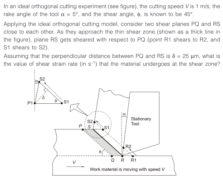 In an ideal orthogonal cutting experiment (see figure), the cutting speed Vis 1 m/s, the
rake angle of the tool α = 5°, and the shear angle, o, is known to be 45°.
Applying the ideal orthogonal cutting model, consider two shear planes PQ and RS
close to each other. As they approach the thin shear zone (shown as a thick line in
the figure), plane RS gets sheared with respect to PQ (point R1 shears to R2, and
S1 shears to S2).
Assuming that the perpendicular distance between PQ and RS is 8 = 25 µm, what is
the value of shear strain rate (in s-¹) that the material undergoes at the shear zone?
P1
S1
S2
PS
S1/
ία
Stationary
Tool
R2
QR R1
Work material is moving with speed V