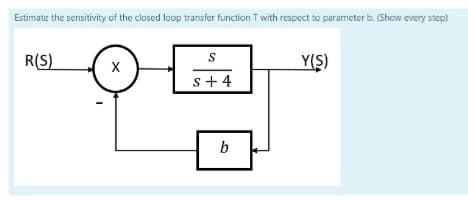 Estimate the sensitivity of the closed loop transfer function T with respect to parameter b. (Show every step)
R(S)
X
S
s + 4
b
Y(S)