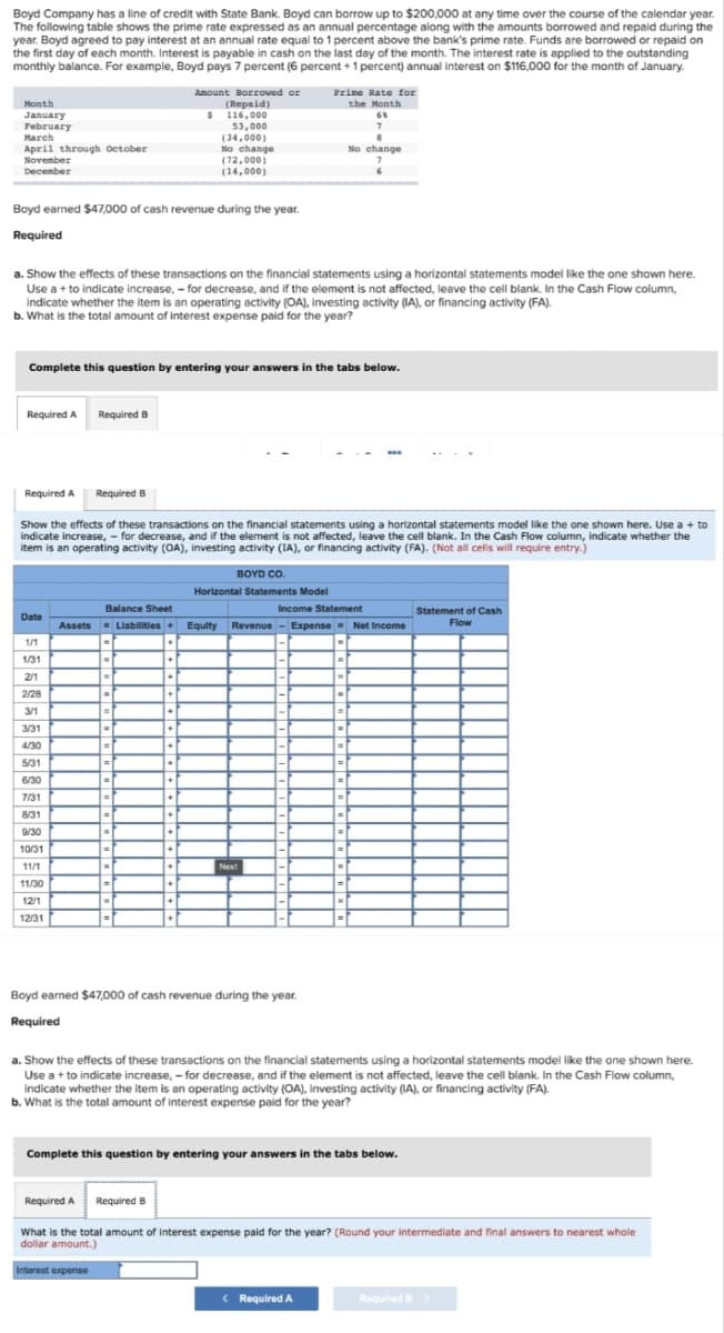 Boyd Company has a line of credit with State Bank. Boyd can borrow up to $200,000 at any time over the course of the calendar year.
The following table shows the prime rate expressed as an annual percentage along with the amounts borrowed and repaid during the
year. Boyd agreed to pay interest at an annual rate equal to 1 percent above the bank's prime rate. Funds are borrowed or repaid on
the first day of each month. Interest is payable in cash on the last day of the month. The interest rate is applied to the outstanding
monthly balance. For example, Boyd pays 7 percent (6 percent + 1 percent) annual interest on $116,000 for the month of January.
Amount Borrowed or
Prime Rate for
(Repaid)
$ 116,000
53,000
(34,000)
No change
(72,000)
(14,000)
Month
the Month
January
February
March
April through October
November
No change
December
Boyd earned $47,000 of cash revenue during the year.
Required
a. Show the effects of these transactions on the financial statements using a horizontal statements model like the one shown here.
Use a+ to indicate increase, - for decrease, and if the element is not affected, leave the cell blank. In the Cash Flow column,
indicate whether the item is an operating activity (OA), investing activity (IA), or financing activity (FA).
b. What is the total amount of interest expense paid for the year?
Complete this question by entering your answers in the tabs below.
Required A Required B
Required A
Required B
Show the effects of these transactions on the financial statements using a horizontal statements model like the one shown here. Use a + to
indicate increase, - for decrease, and if the element is not affected, leave the cell blank. In the Cash Flow column, indicate whether the
item is an operating activity (OA), investing activity (IA), or financing activity (FA). (Not all cells will require entry.)
BOYD CO.
Horizontal Statements Model
Balance Sheet
Income Statement
Statement of Cash
Date
- Liabilities+
Equity Revenue - Expense- Net Income
Flow
Assets
1/1
1/31
2/1
%3D
2/28
3/1
3/31
|-r
4/30
5/31
6/30
1.
1.
1.
7/31
8/31
9/30
10/31
Next
11/1
11/30
12/1
12/31
Boyd earned $47,000 of cash revenue during the year.
Required
a. Show the effects of these transactions on the financial statements using a horizontal statements model like the one shown here.
Use a + to indicate increase, - for decrease, and if the element is not affected, leave the cell blank. In the Cash Flow column,
indicate whether the item is an operating activity (OA), investing activity (IA), or financing activity (FA).
b. What is the total amount of interest expense paid for the year?
Complete this question by entering your answers in the tabs below.
Required A
Required B
What is the total amount of interest expense paid for the year? (Round your intermediate and final answers to nearest whole
dollar amount.)
Interest expense
< Required A
Required B>
