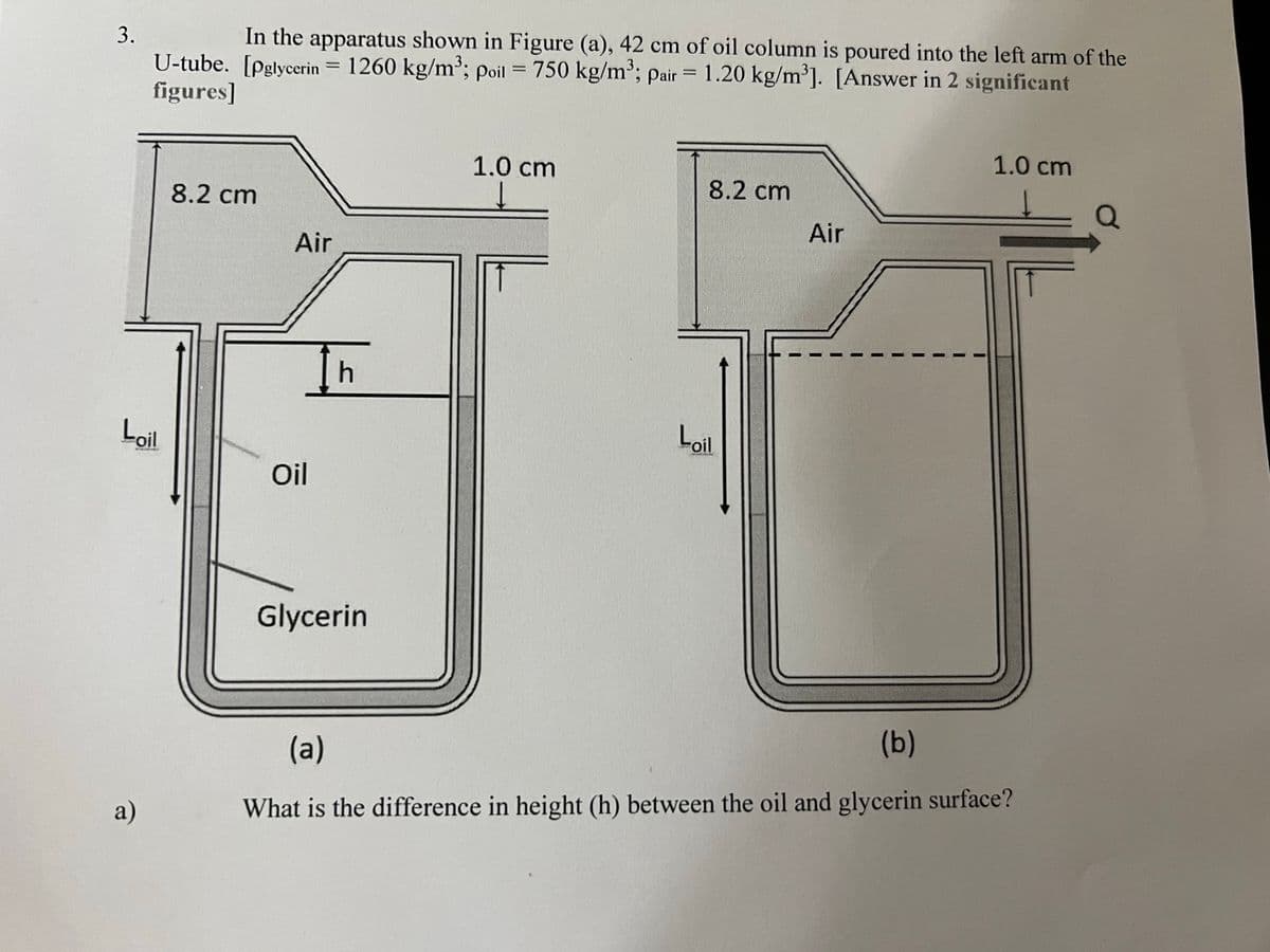 3.
U-tube. [pglycerin = 1260 kg/m³; poil = 750 kg/m2; pair =
figures]
In the apparatus shown in Figure (a), 42 cm of oil column is poured into the left arm of the
1.20 kg/m']. [Answer in 2 significant
%3D
%3D
1.0 cm
1.0 cm
8.2 cm
8.2 cm
Air
Air
In
Loil
Loil
Oil
Glycerin
(b)
(a)
a)
What is the difference in height (h) between the oil and glycerin surface?
