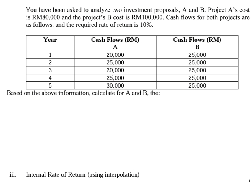 You have been asked to analyze two investment proposals, A and B. Project A's cost
is RM80,000 and the project's B cost is RM100,000. Cash flows for both projects are
as follows, and the required rate of return is 10%.
Year
Cash Flows (RM)
Cash Flows (RM)
A
В
1
20,000
25,000
25,000
25,000
2
25,000
3
20,000
4
25,000
25,000
5
30,000
25,000
Based on the above information, calculate for A and B, the:
iii.
Internal Rate of Return (using interpolation)
