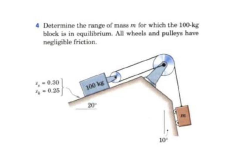 4 Determine the range of mass m for which the 100-kg
block is in equilibrium. All wheels and pulleys have
negligible friction.
1.-0.30
-0.25
100 kg
20
10
