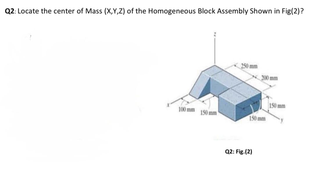 Q2: Locate the center of Mass (X,Y,Z) of the Homogeneous Block Assembly Shown in Fig(2)?
250 mm
200 mm
150 mm
100 mm
150 mm
150 mm
Q2: Fig.(2)
