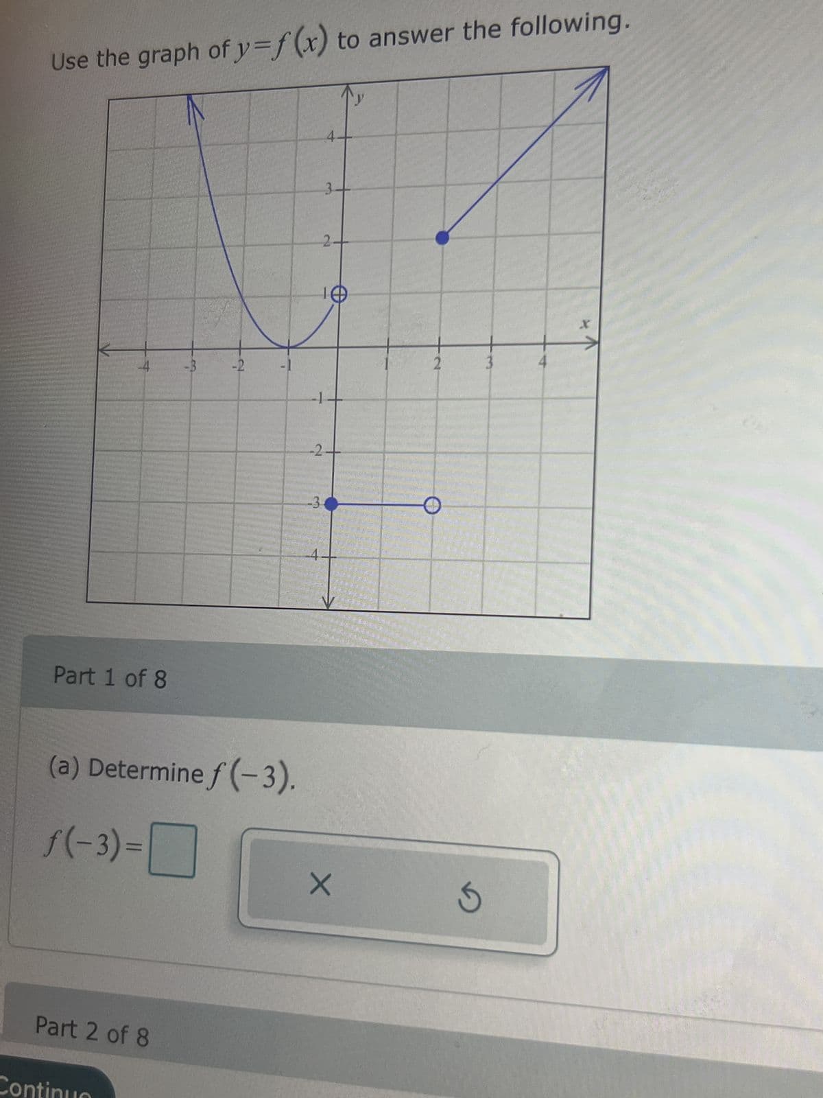 Use the graph of y=f(x) to answer the following.
N
-4
Part 1 of 8
(a) Determine f(-3).
f(-3)=
Part 2 of 8
Continuo
-2
-3
4.
2.
10
-2.
4.
X
2
S