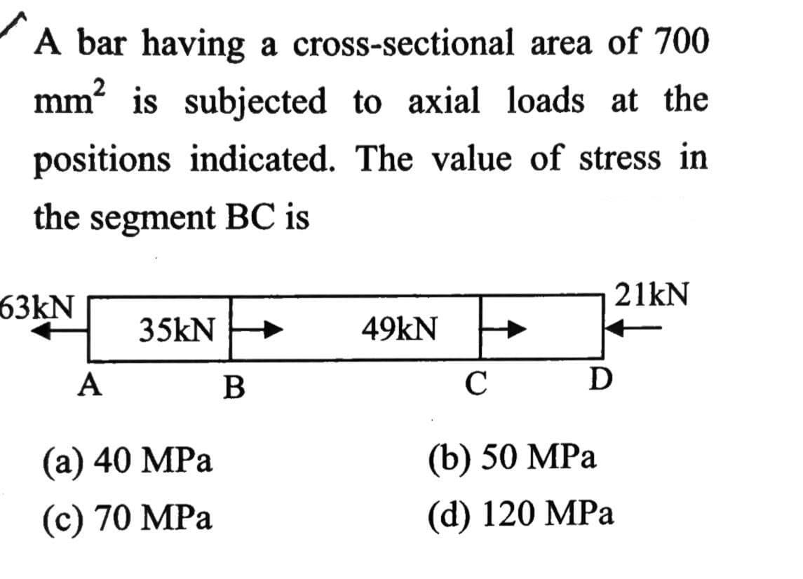 A bar having a cross-sectional area of 700
mm² is
subjected to axial loads at the
positions indicated. The value of stress in
the segment BC is
21kN
63KN
35kN +
49kN
A
В
(а) 40 MPа
(b) 50 MPа
(c) 70 MPa
(d) 120 MPa
